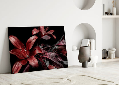 Crimson Dewy Lilies on Black Glass Wall Art