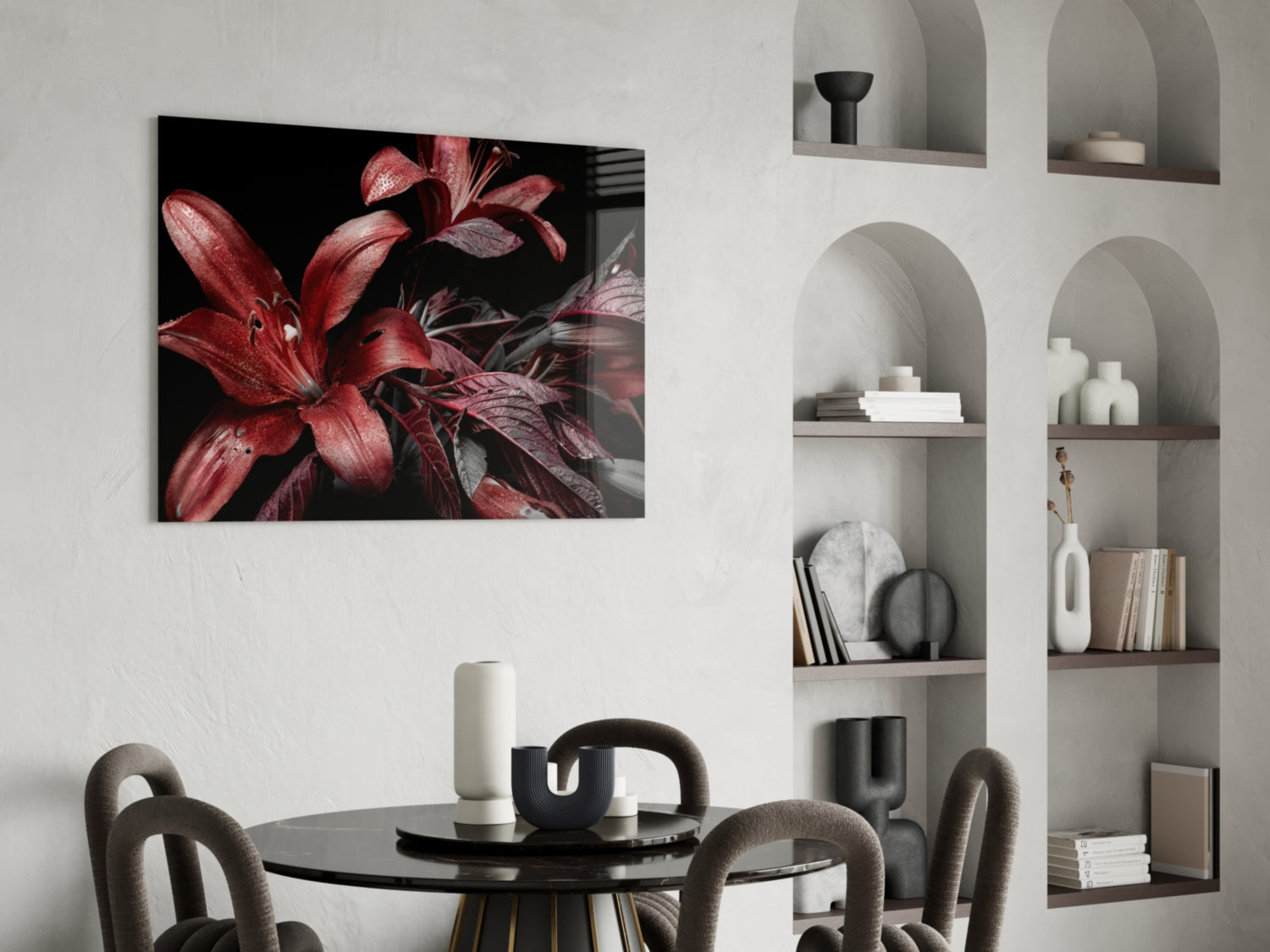 Crimson Dewy Lilies on Black Glass Wall Art