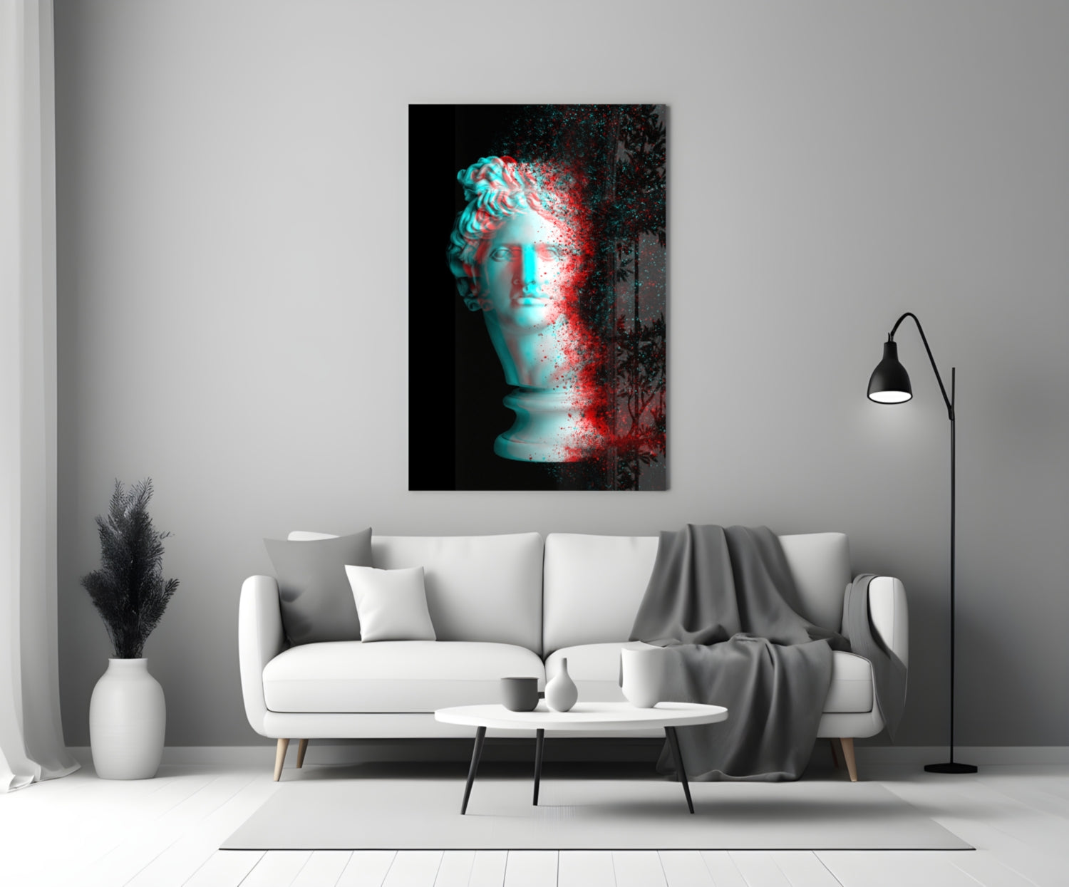 Red Cyan Glitch Apollo Head Glass Wall Art