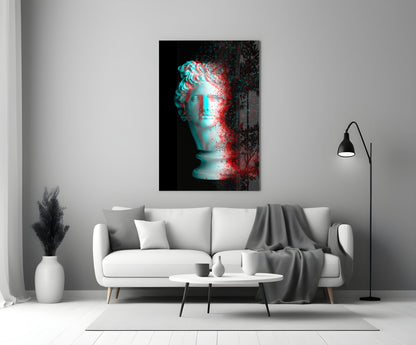 Red Cyan Glitch Apollo Head Glass Wall Art