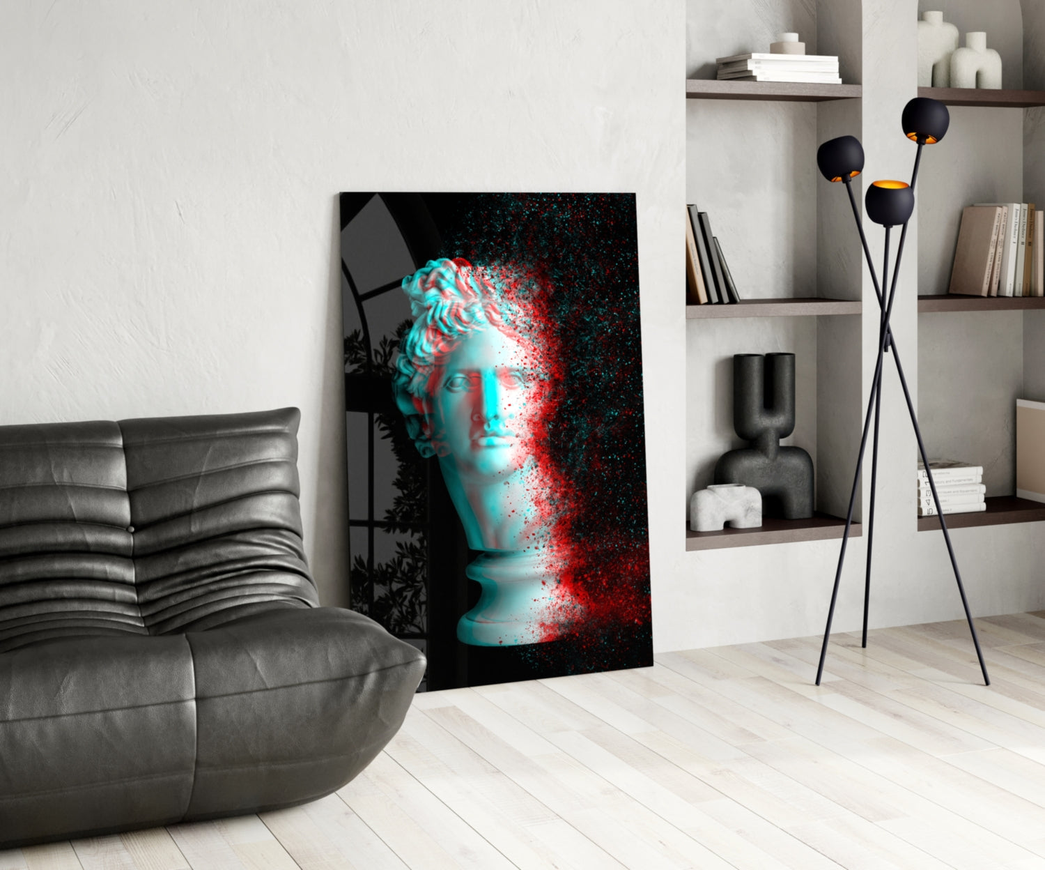 Red Cyan Glitch Apollo Head Glass Wall Art