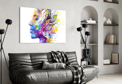 Watercolor Feather Bloom Face Profile Glass Wall Art