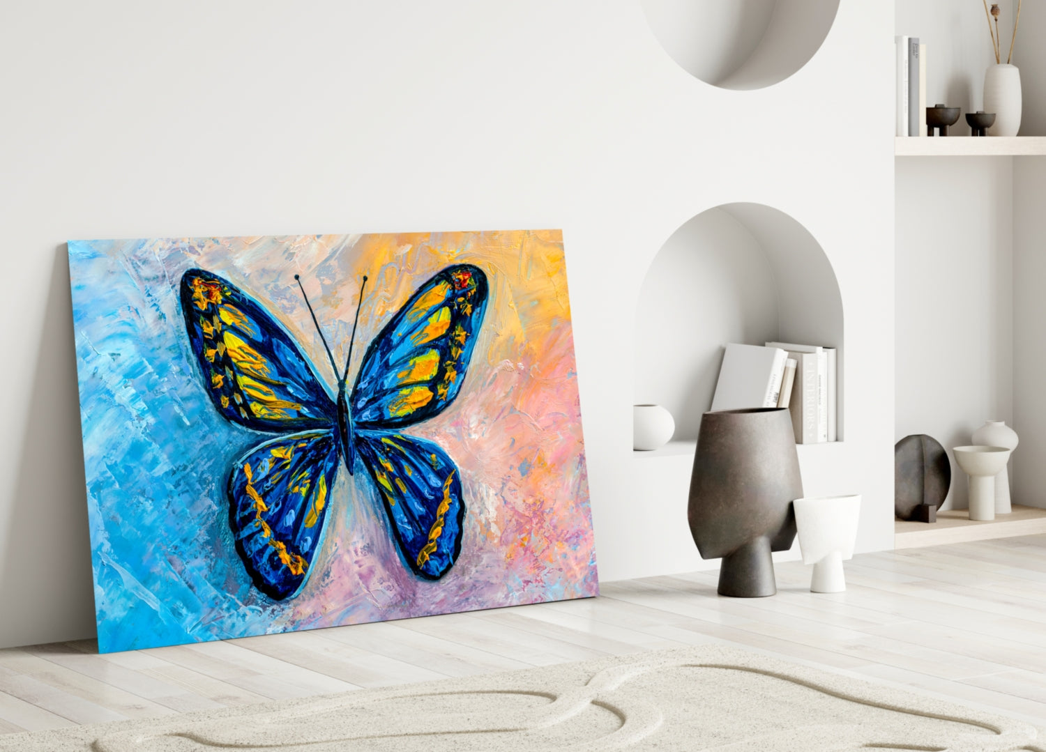 Blue and Gold Oil Butterfly Glass Wall Art