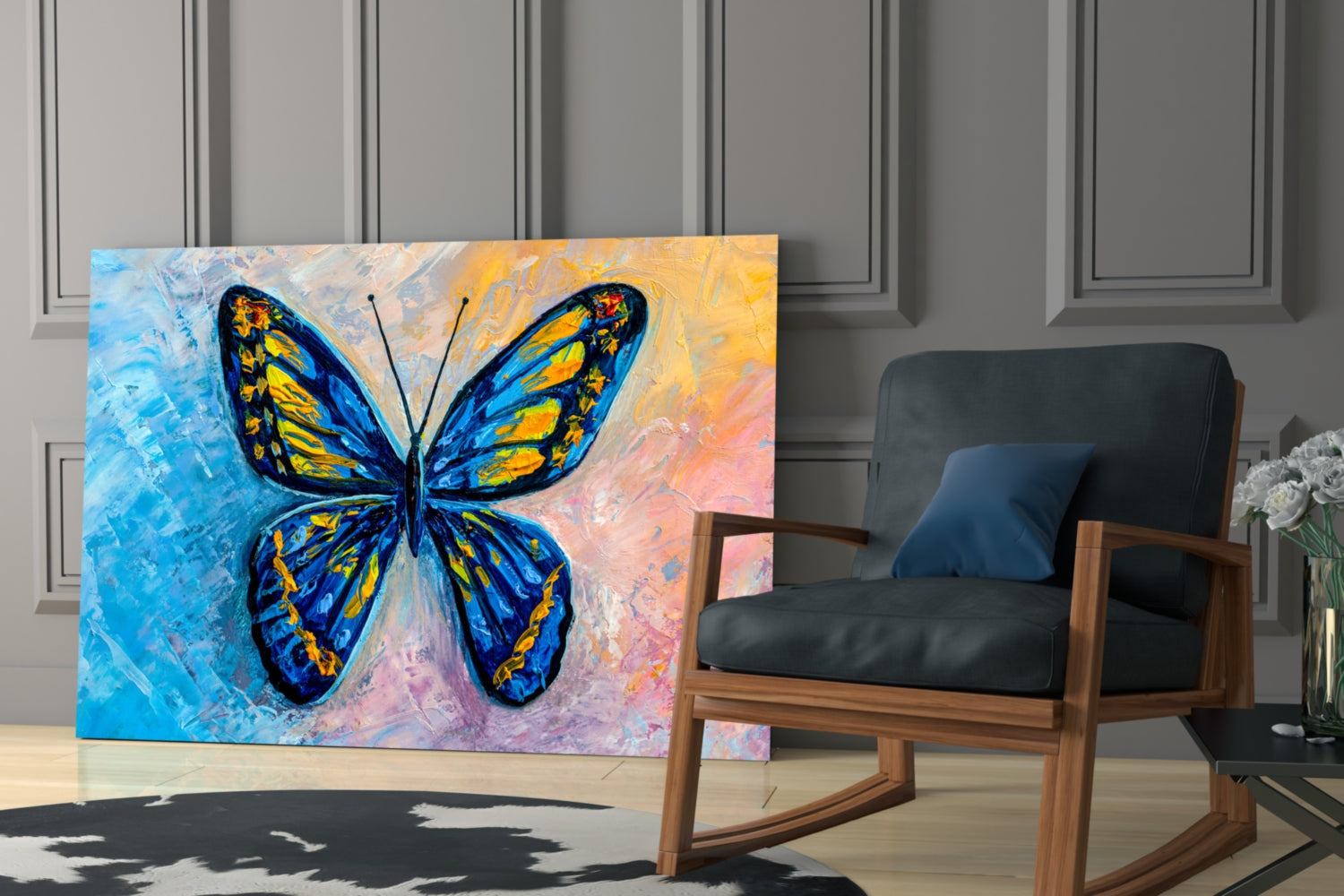 Blue and Gold Oil Butterfly Glass Wall Art