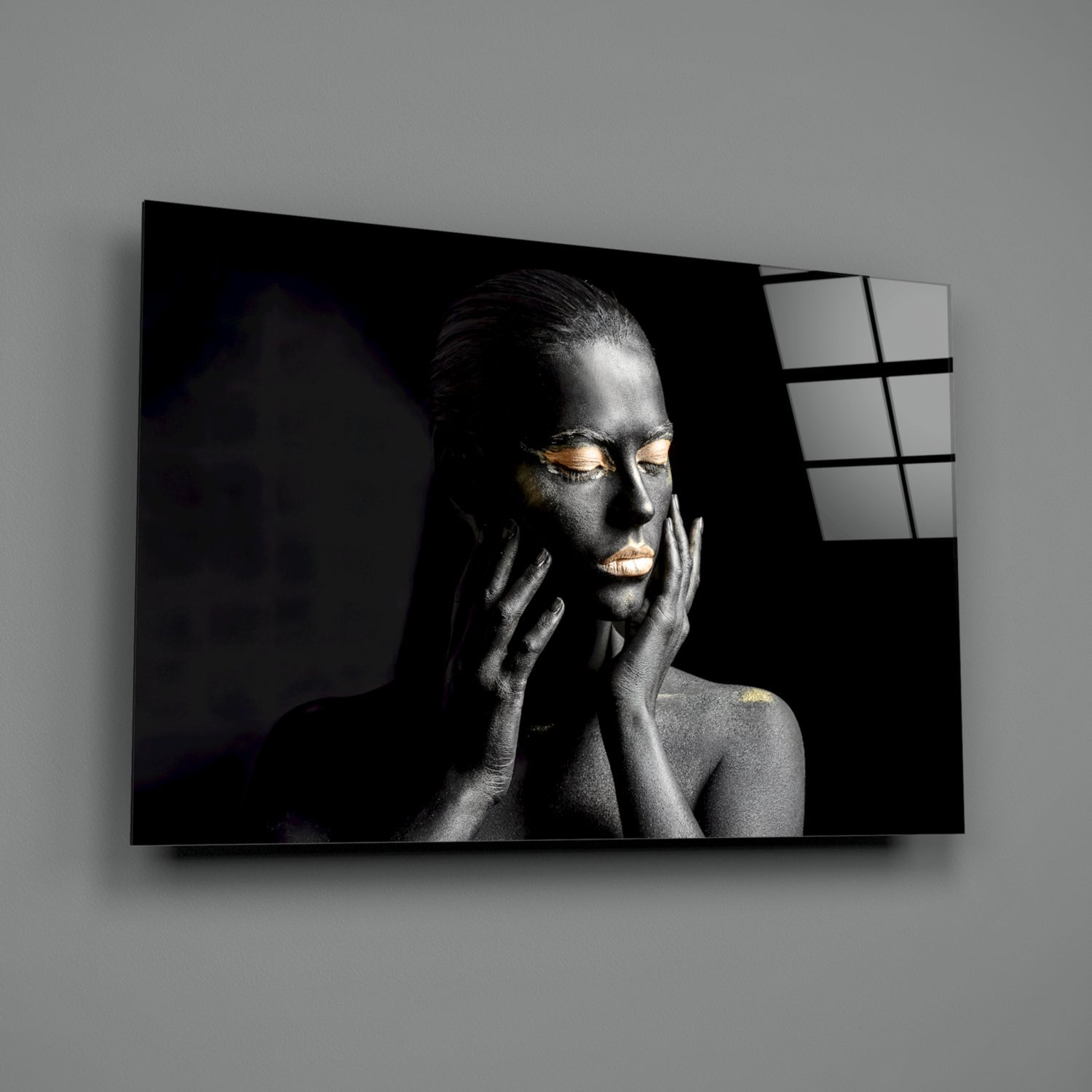 Gold Eyelids Hands Woman Glass Wall Art