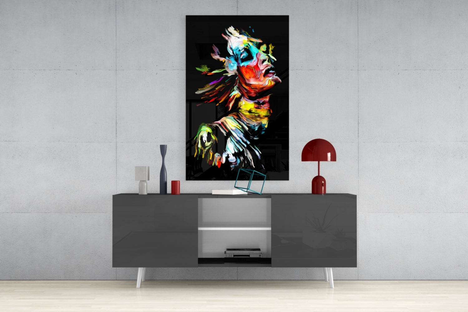 Rainbow Brushstroke Face Black Glass Wall Art