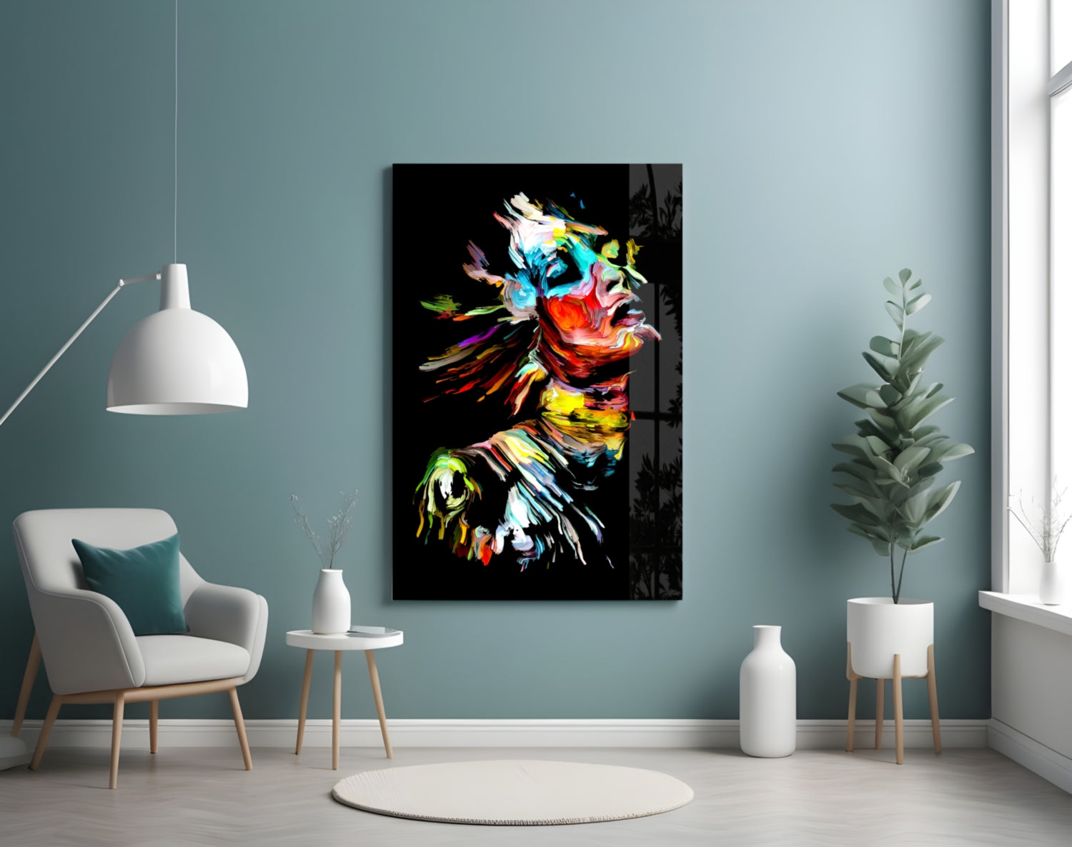 Rainbow Brushstroke Face Black Glass Wall Art