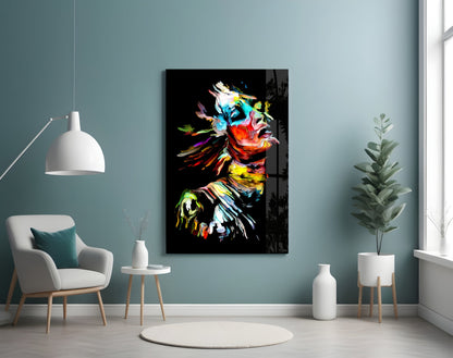 Rainbow Brushstroke Face Black Glass Wall Art