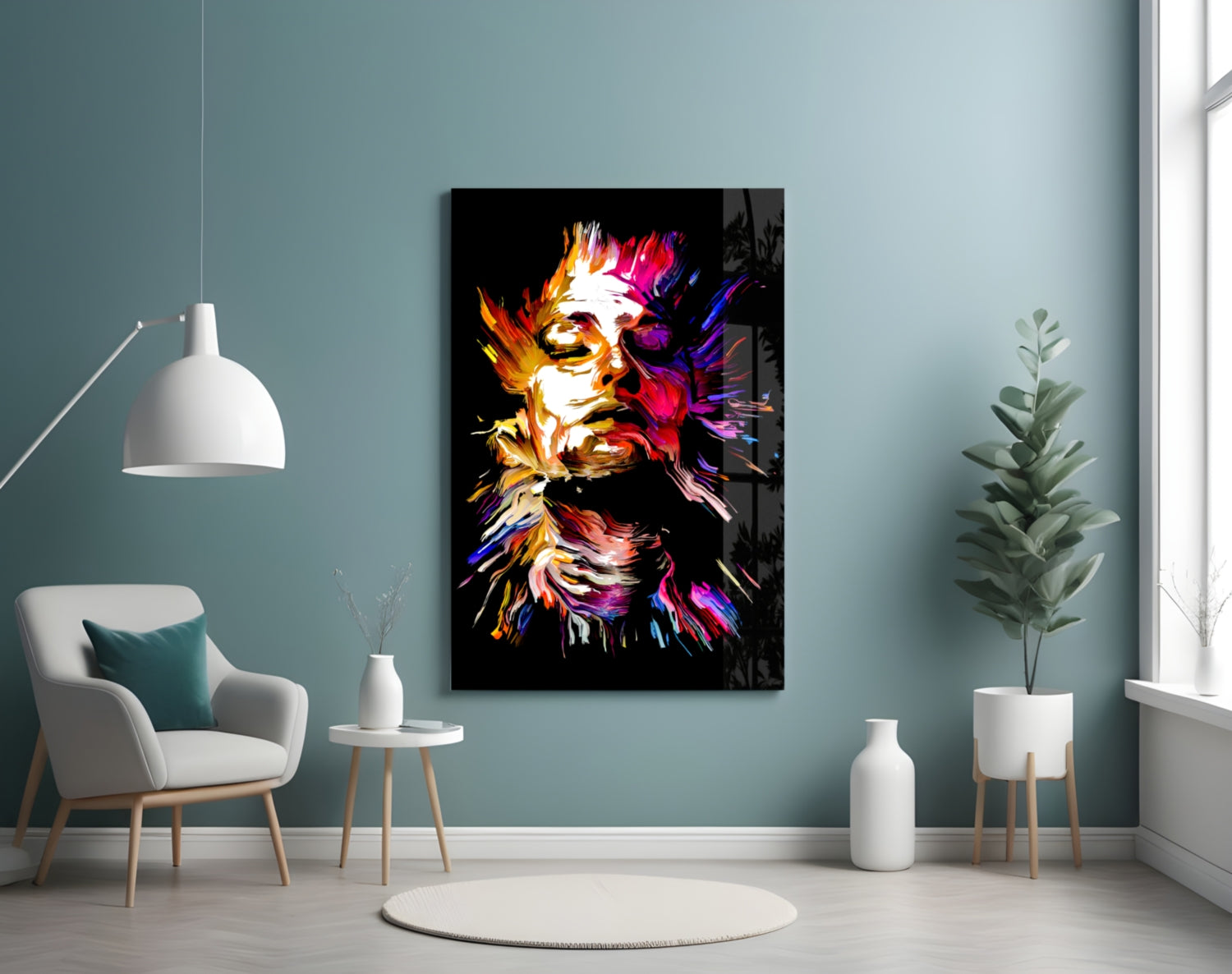 Golden Feathered Paint Face Glass Wall Art