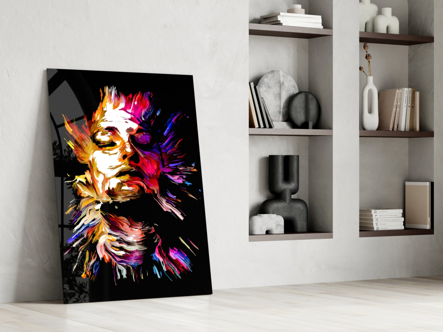 Golden Feathered Paint Face Glass Wall Art