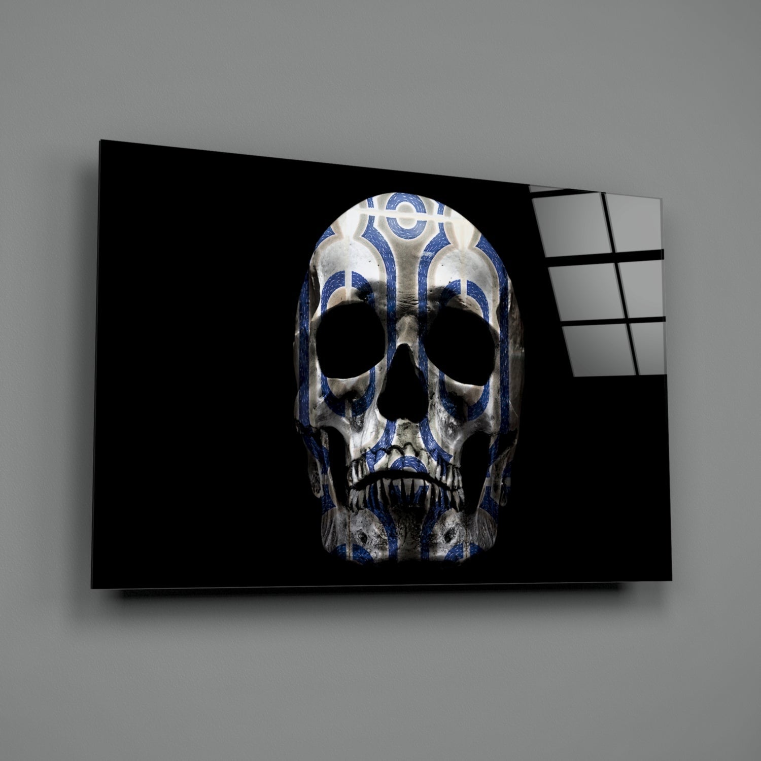 Blue Tribal Pattern Skull Glass Wall Art