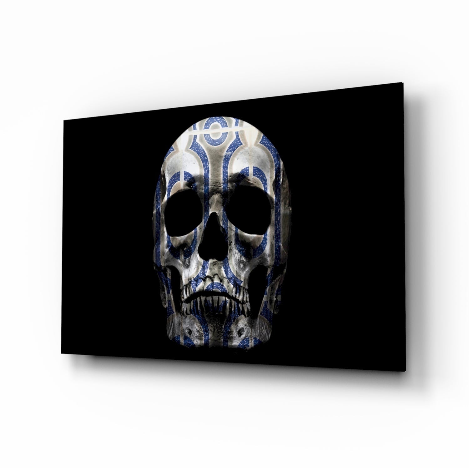 Blue Tribal Pattern Skull Glass Wall Art