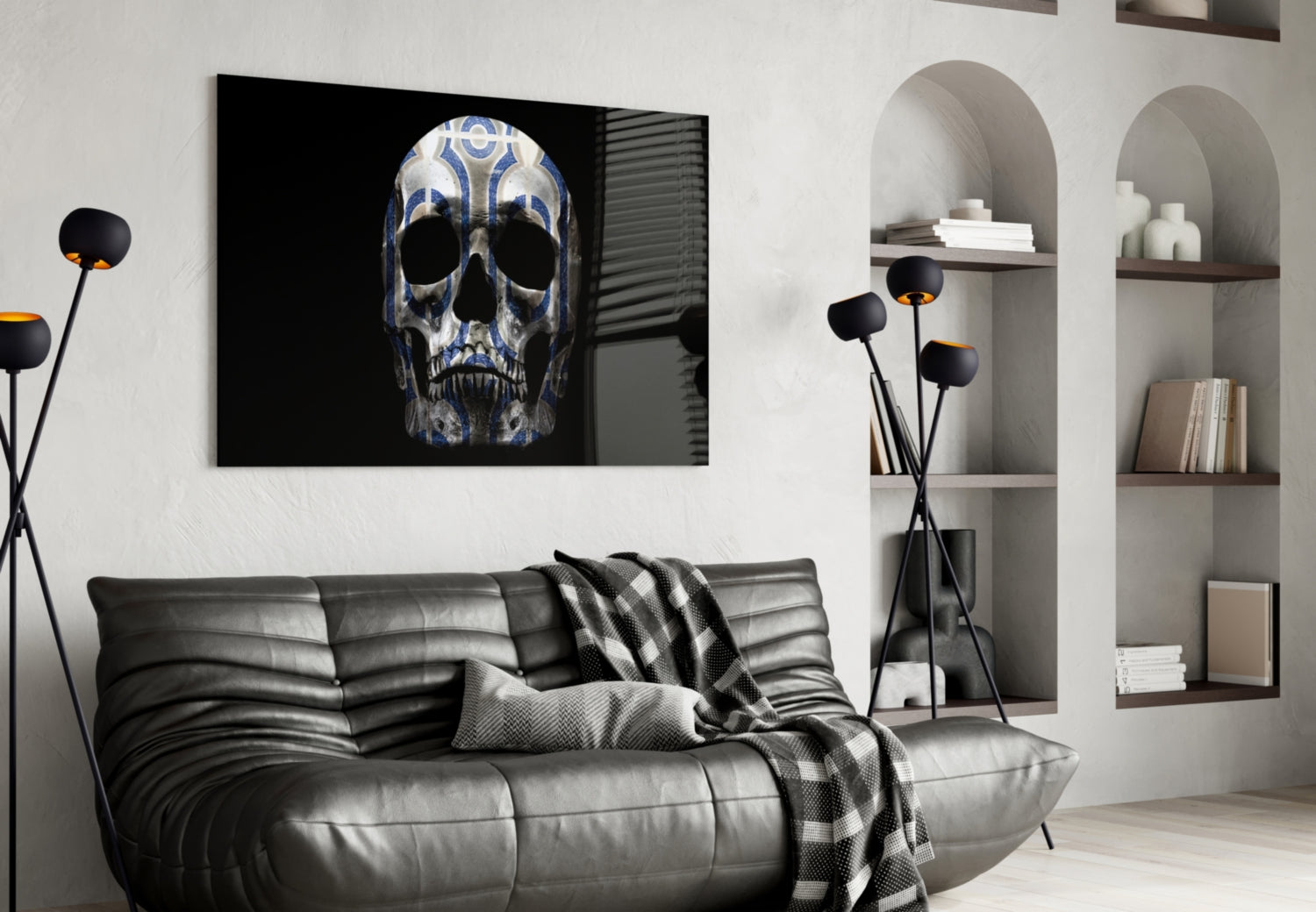 Blue Tribal Pattern Skull Glass Wall Art