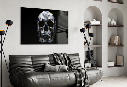 Blue Tribal Pattern Skull Glass Wall Art