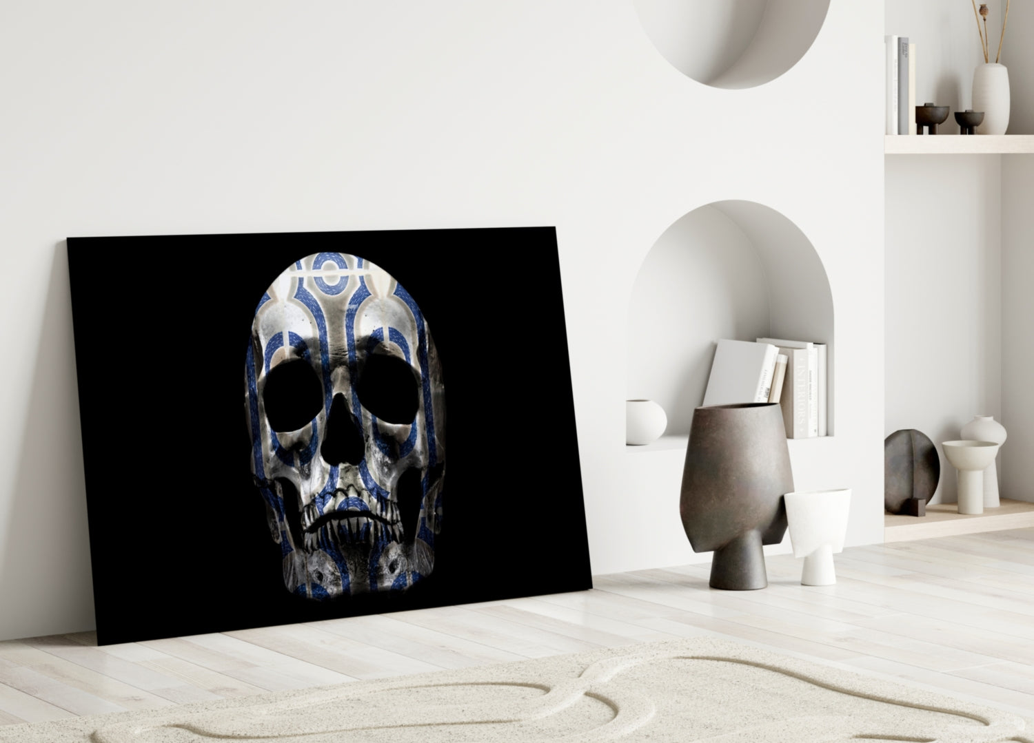 Blue Tribal Pattern Skull Glass Wall Art