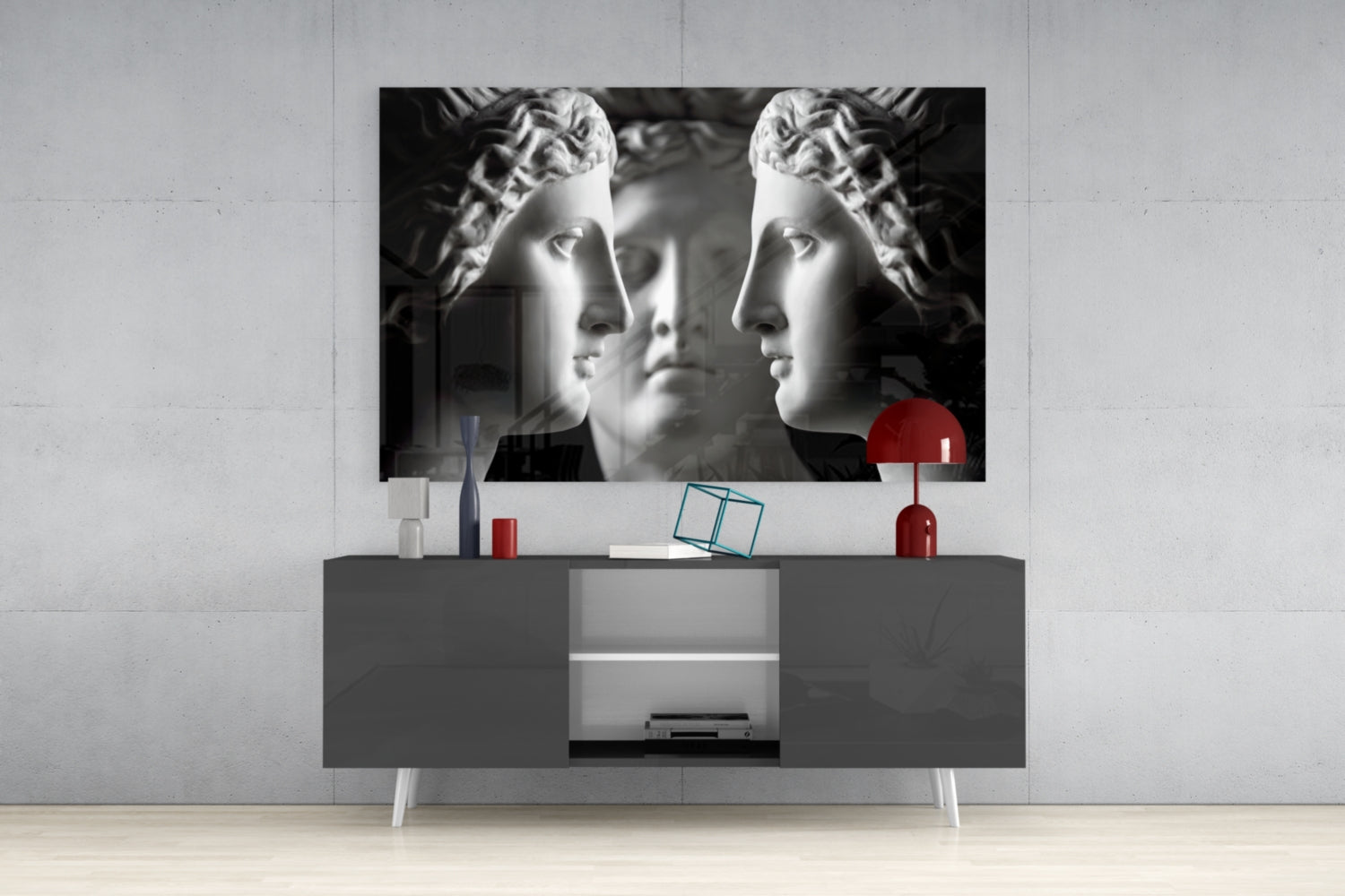 Black and White Mirrored Statue Faces Glass Wall Art