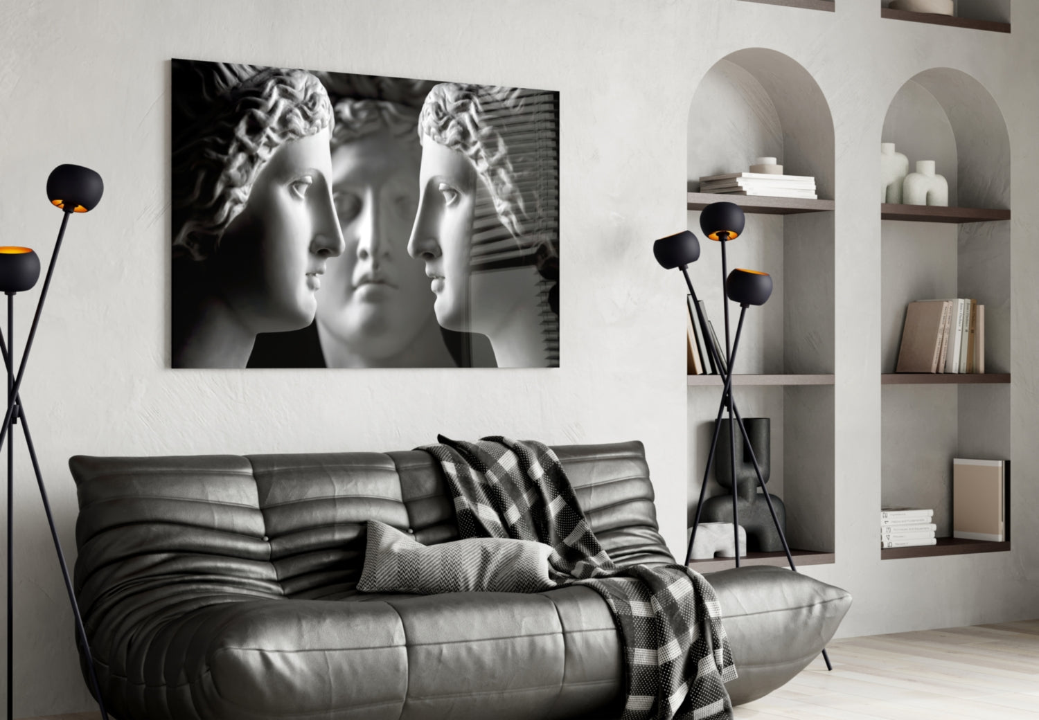 Black and White Mirrored Statue Faces Glass Wall Art