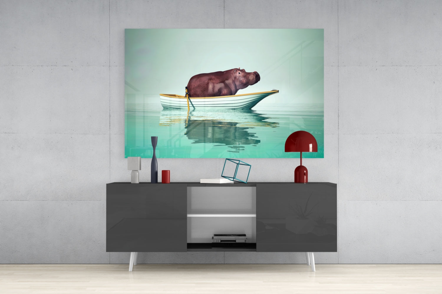 Hippo in Yellow Boat on Mint Water Glass Wall Art