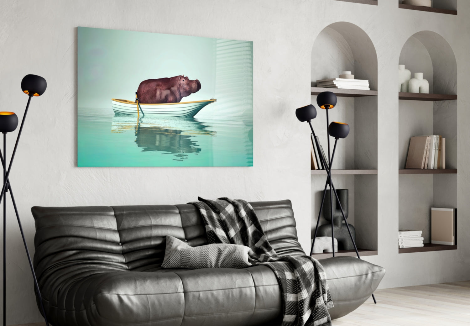 Hippo in Yellow Boat on Mint Water Glass Wall Art