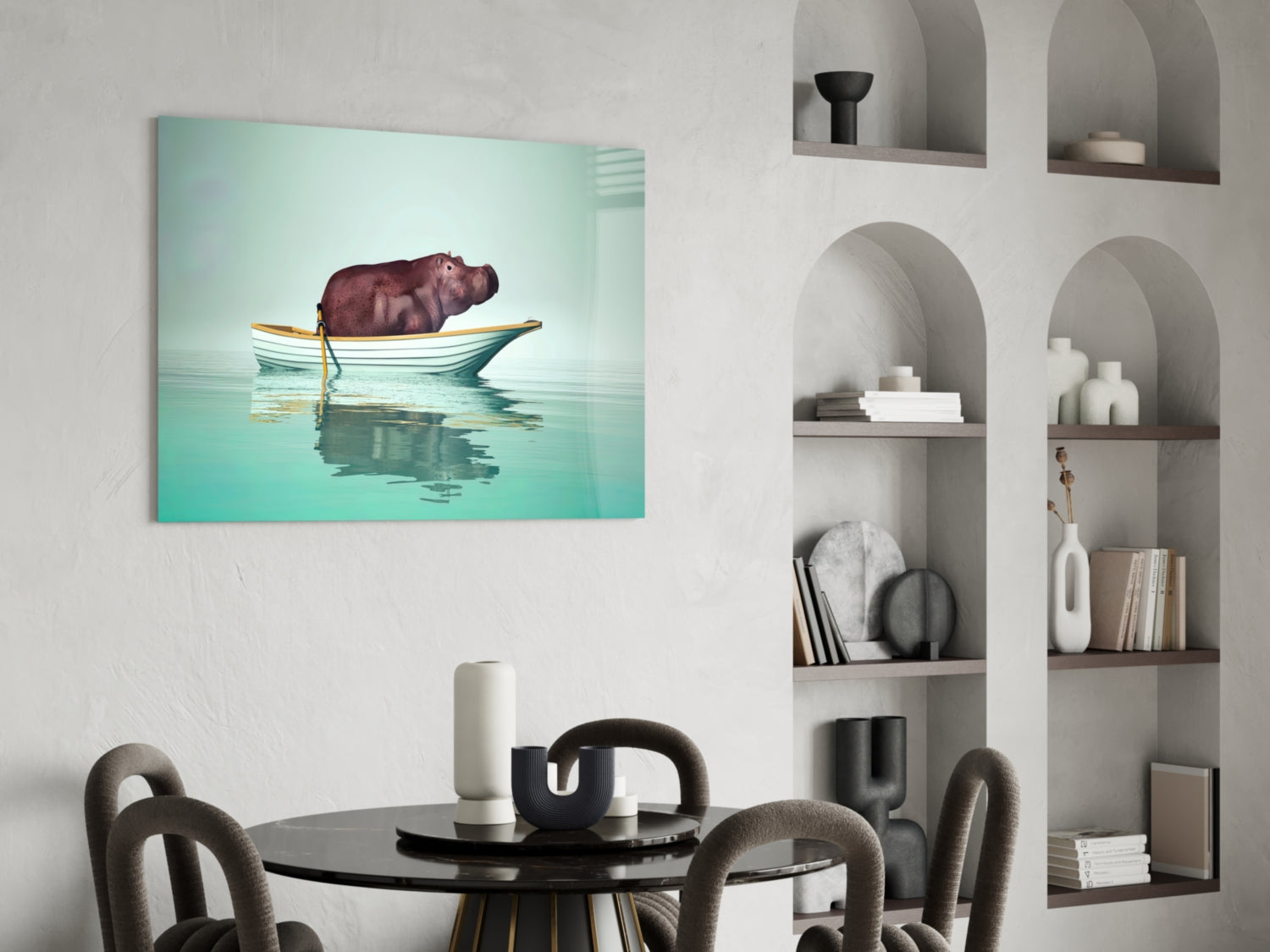 Hippo in Yellow Boat on Mint Water Glass Wall Art