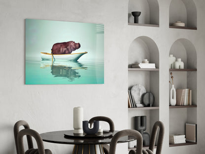 Hippo in Yellow Boat on Mint Water Glass Wall Art