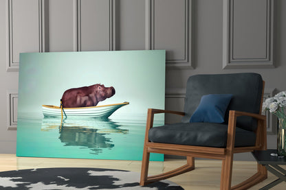 Hippo in Yellow Boat on Mint Water Glass Wall Art