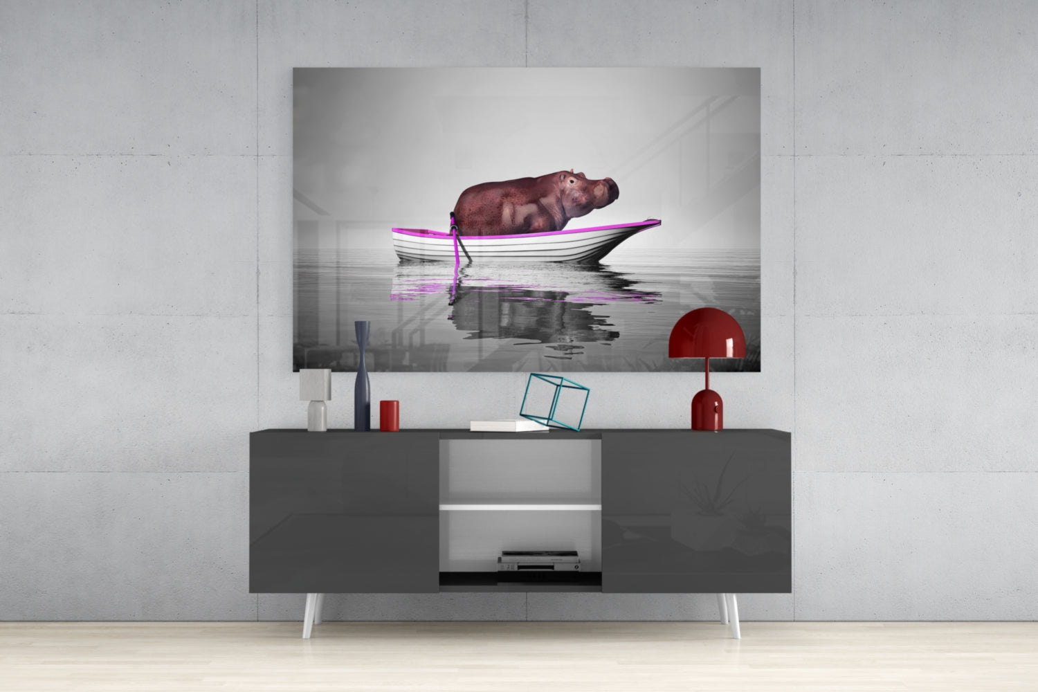 Hippo in Magenta Boat on Misty Lake Glass Wall Art