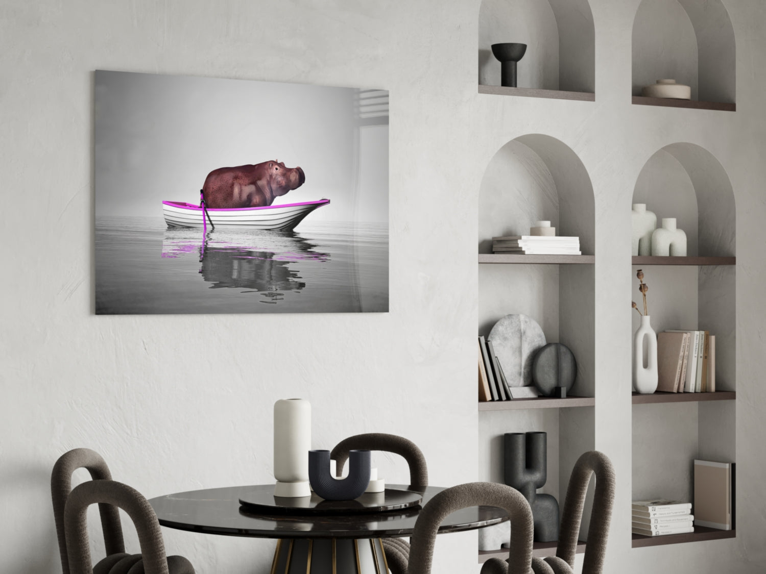 Hippo in Magenta Boat on Misty Lake Glass Wall Art