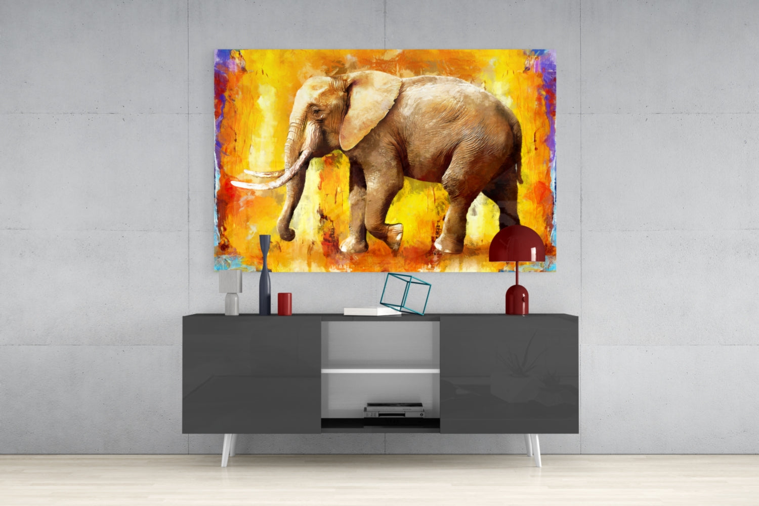 Golden Yellow Oil Painting Elephant Glass Wall Art