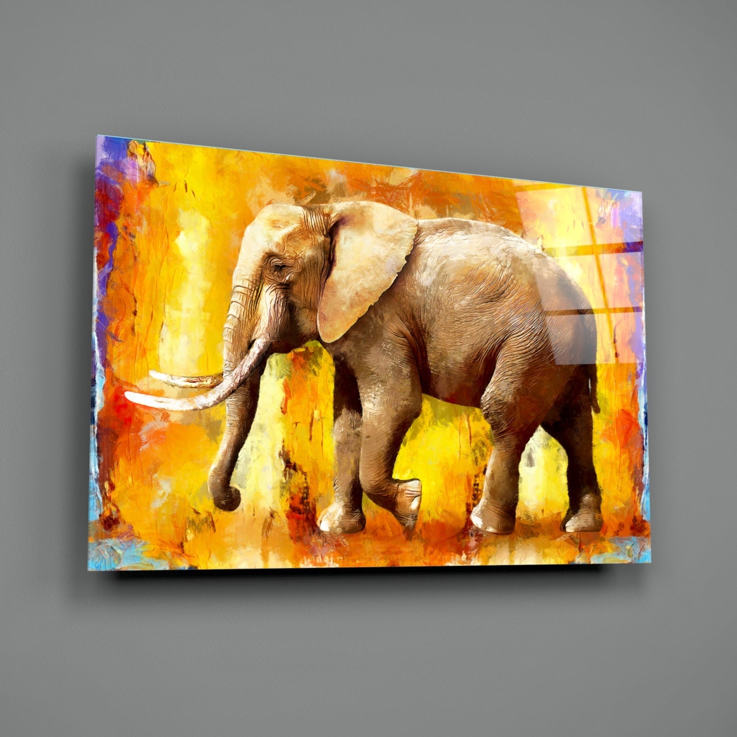 Golden Yellow Oil Painting Elephant Glass Wall Art