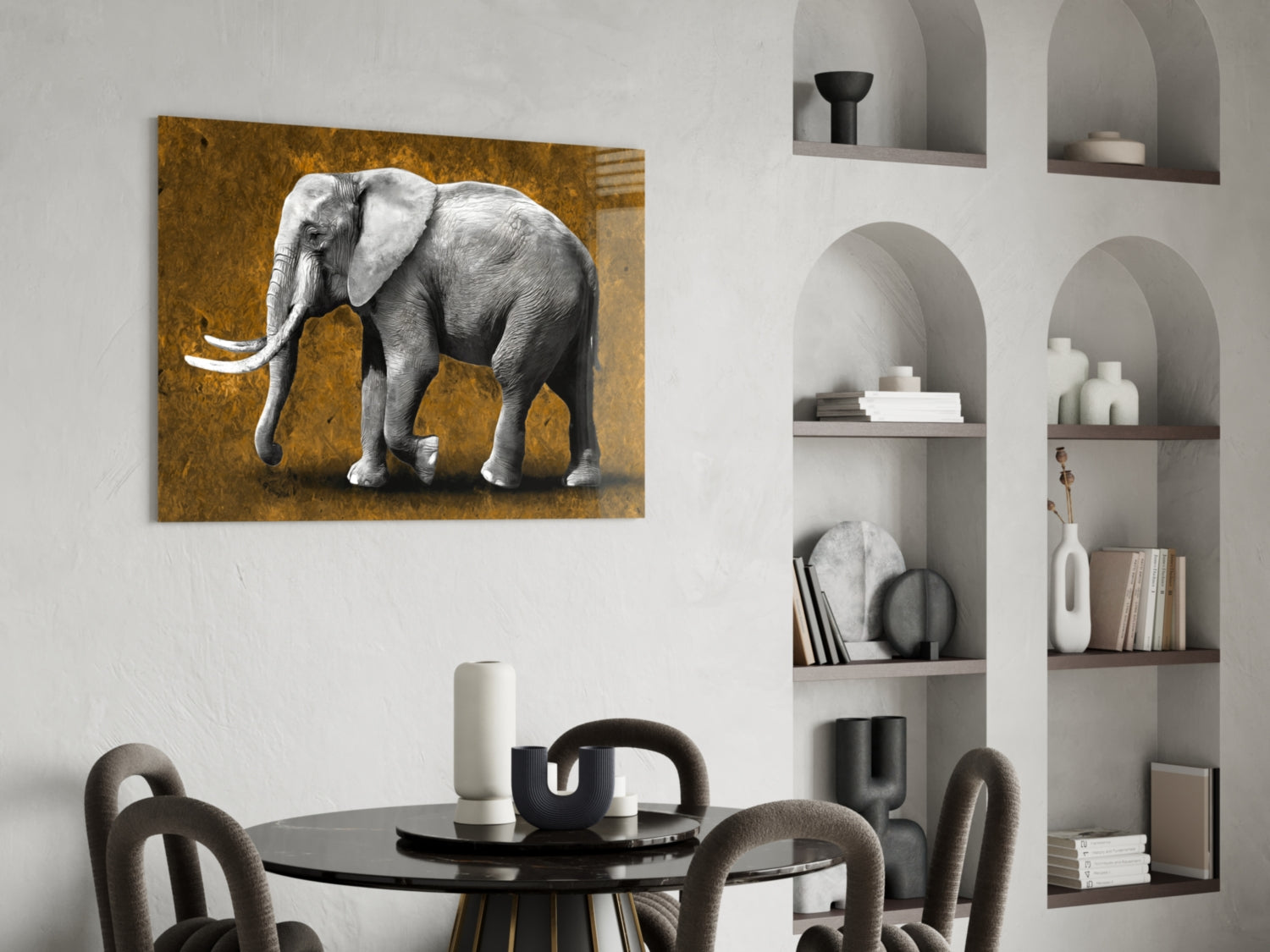 Grayscale Elephant Golden Backdrop Glass Wall Art