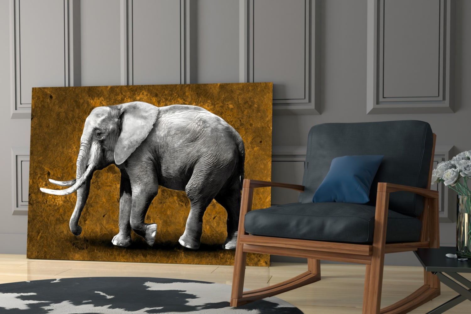 Grayscale Elephant Golden Backdrop Glass Wall Art