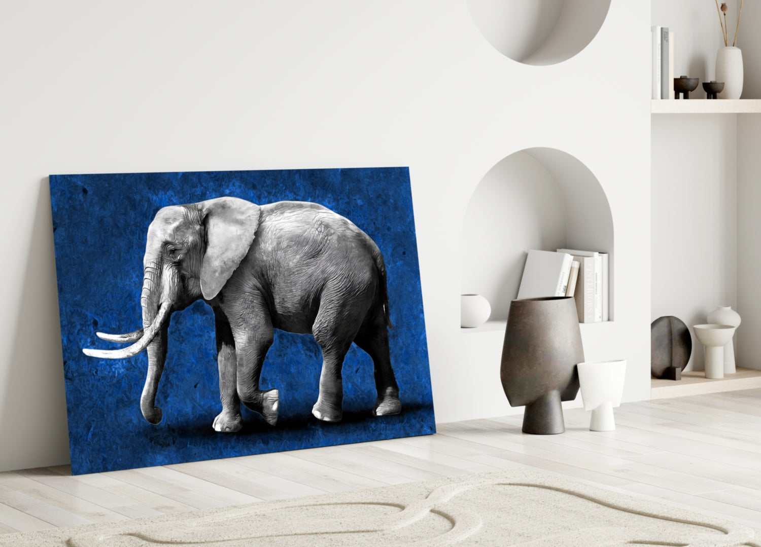 Grayscale Elephant Blue Backdrop Glass Wall Art