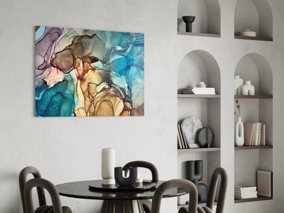 Blue and Amber Alcohol Ink Marble Glass Wall Art