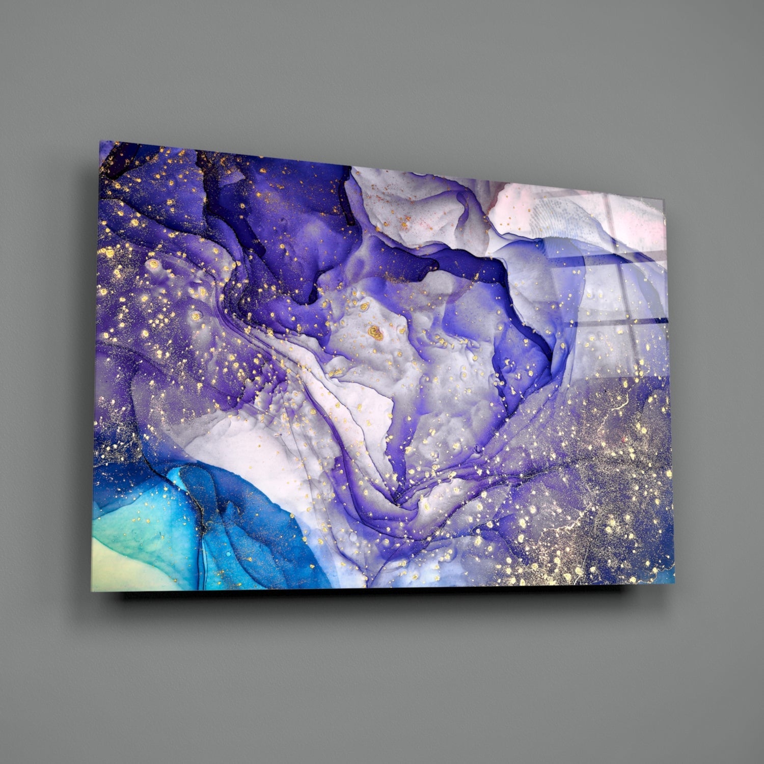 Violet Ink and Gold Splatter Glass Wall Art