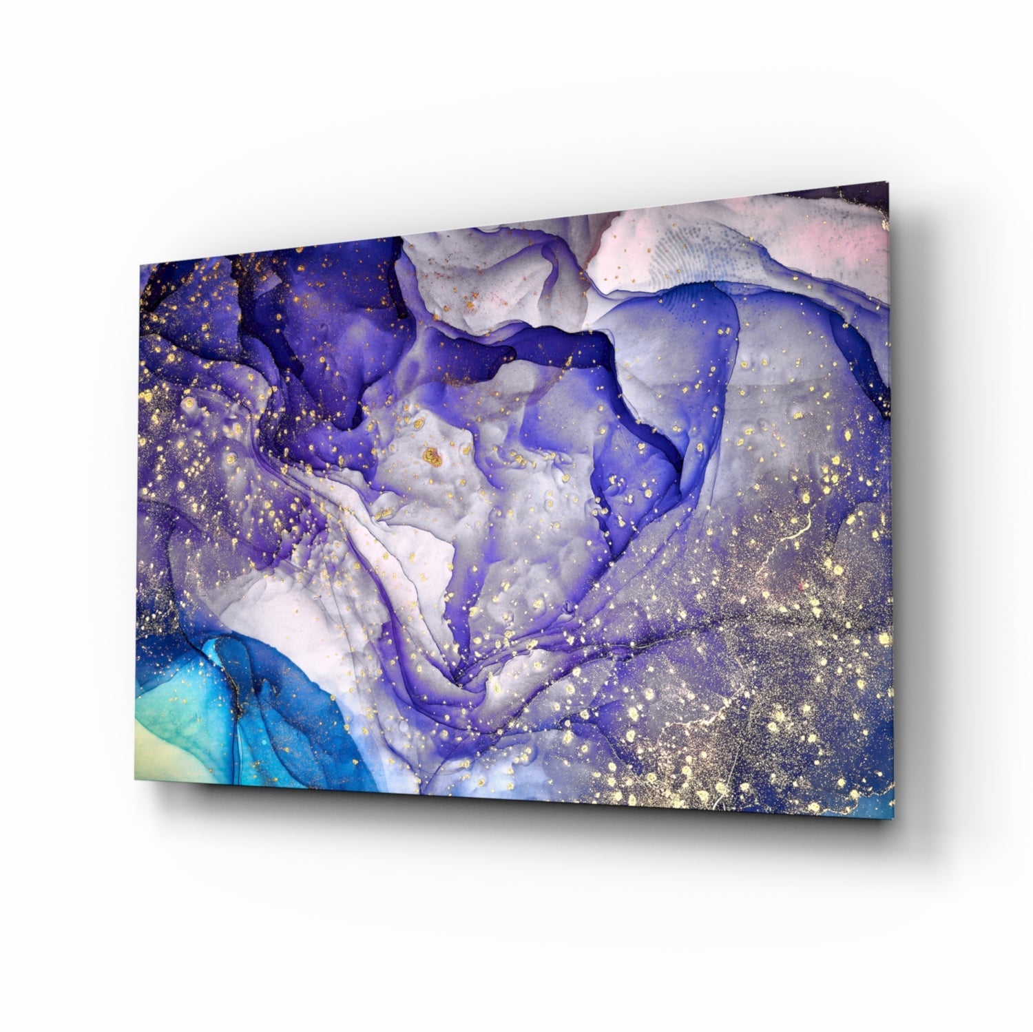 Violet Ink and Gold Splatter Glass Wall Art