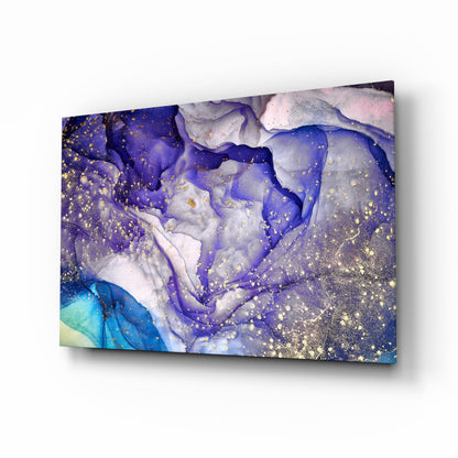 Violet Ink and Gold Splatter Glass Wall Art