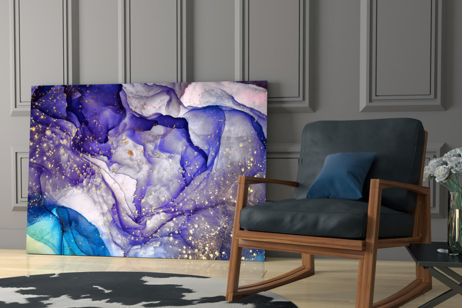 Violet Ink and Gold Splatter Glass Wall Art