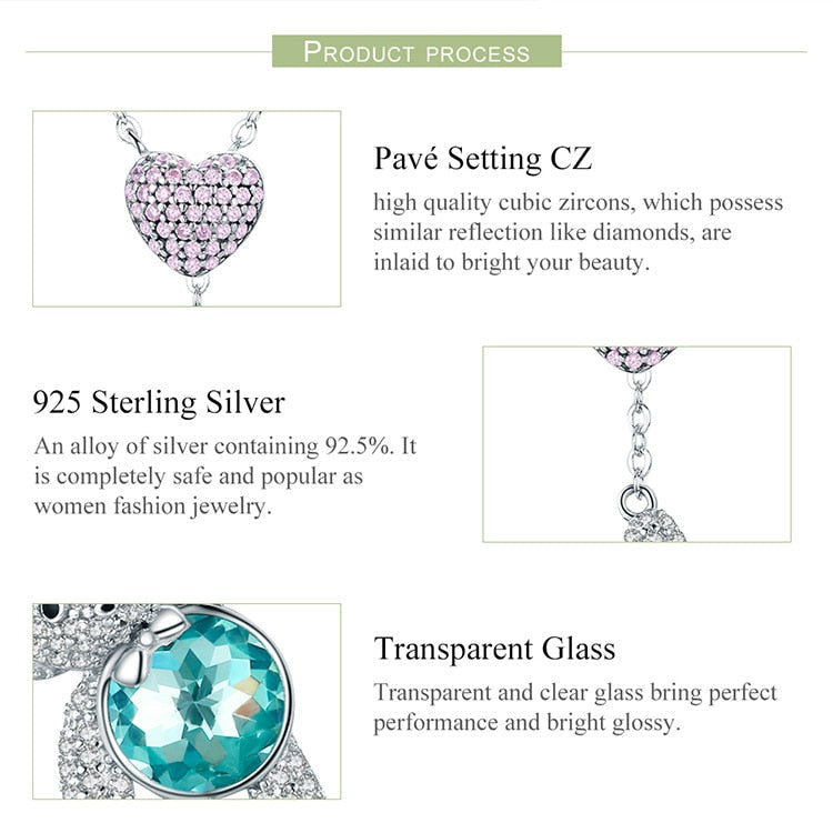 Sterling Silver Pink Heart And Cute Bear Pendant Necklaces for Valentine&