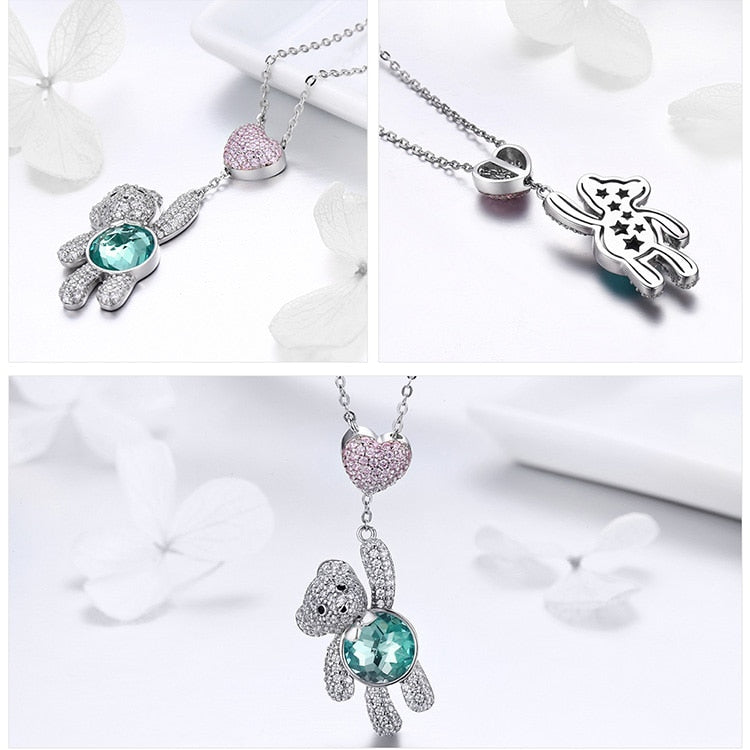 Sterling Silver Pink Heart And Cute Bear Pendant Necklaces for Valentine&