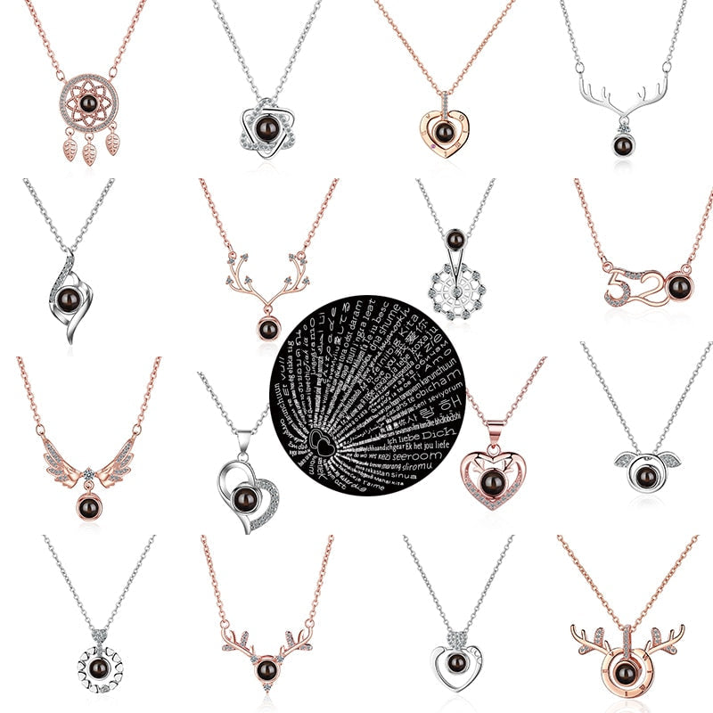 100 languages of love necklace Projection Pendant Necklace For Women Crystal Jewelry