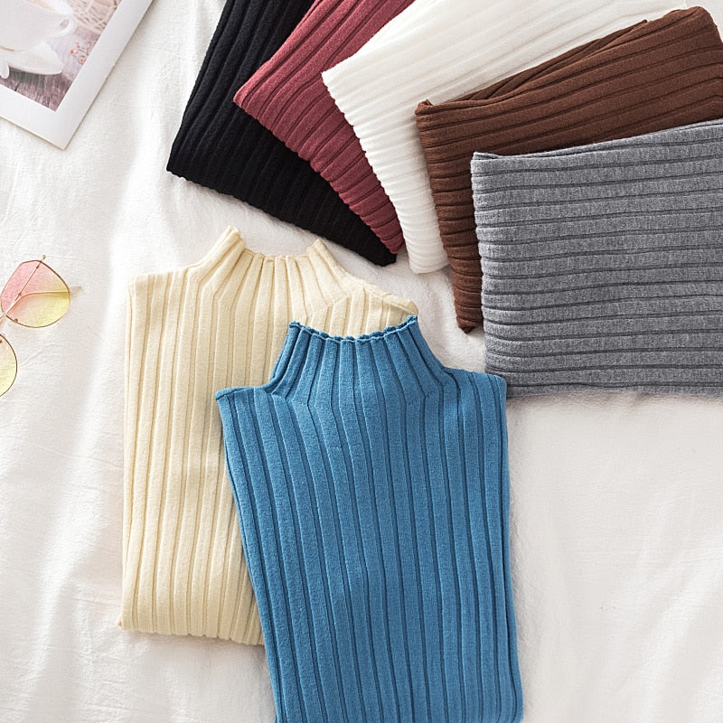Pullover Ribbed Knitted Sweater Autumn Winter Clothes Women 2021 High Neck Long Sleeve