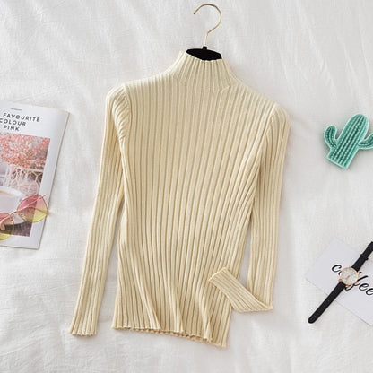 Pullover Ribbed Knitted Sweater Autumn Winter Clothes Women 2021 High Neck Long Sleeve