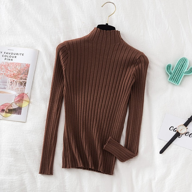 Pullover Ribbed Knitted Sweater Autumn Winter Clothes Women 2021 High Neck Long Sleeve
