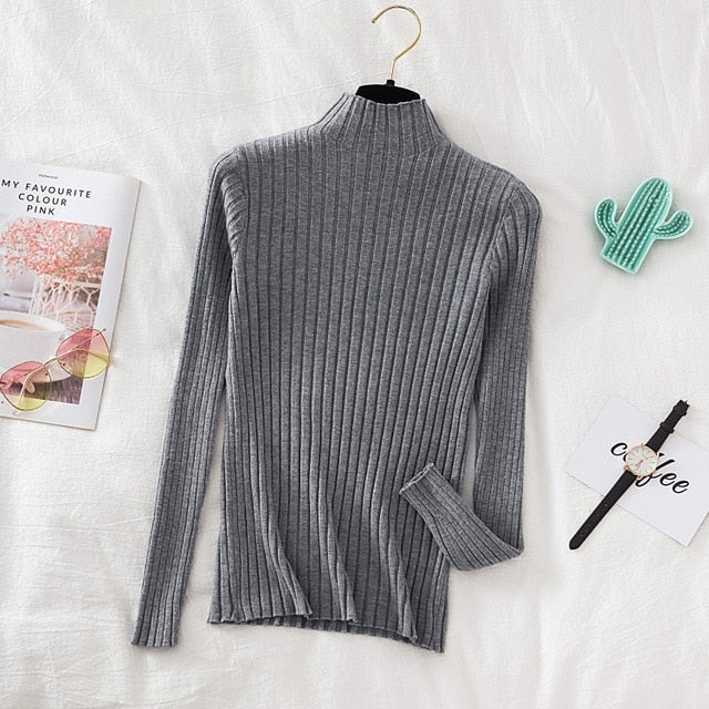 Pullover Ribbed Knitted Sweater Autumn Winter Clothes Women 2021 High Neck Long Sleeve