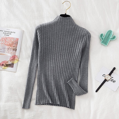 Pullover Ribbed Knitted Sweater Autumn Winter Clothes Women 2021 High Neck Long Sleeve
