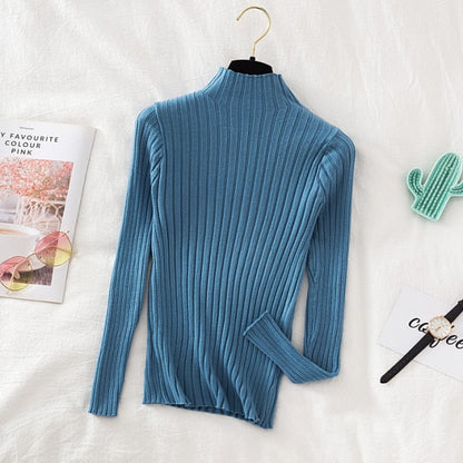 Pullover Ribbed Knitted Sweater Autumn Winter Clothes Women 2021 High Neck Long Sleeve