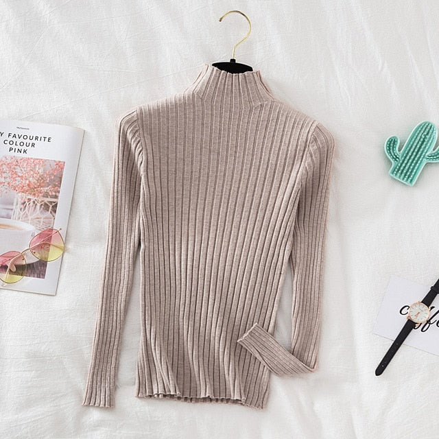 Pullover Ribbed Knitted Sweater Autumn Winter Clothes Women 2021 High Neck Long Sleeve