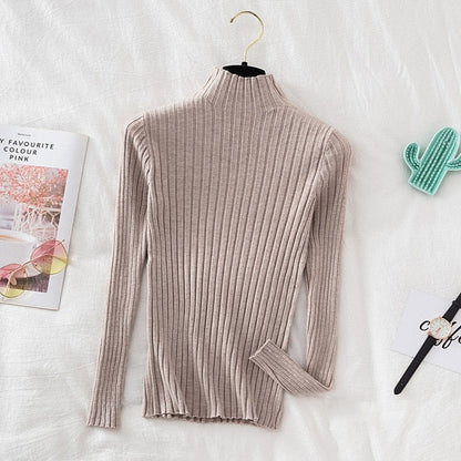 Pullover Ribbed Knitted Sweater Autumn Winter Clothes Women 2021 High Neck Long Sleeve