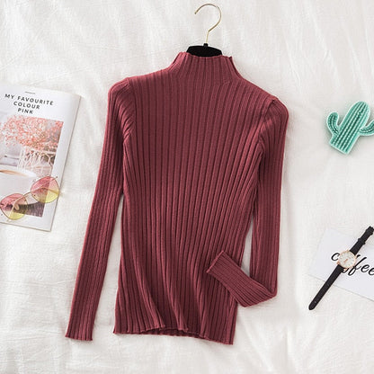 Pullover Ribbed Knitted Sweater Autumn Winter Clothes Women 2021 High Neck Long Sleeve